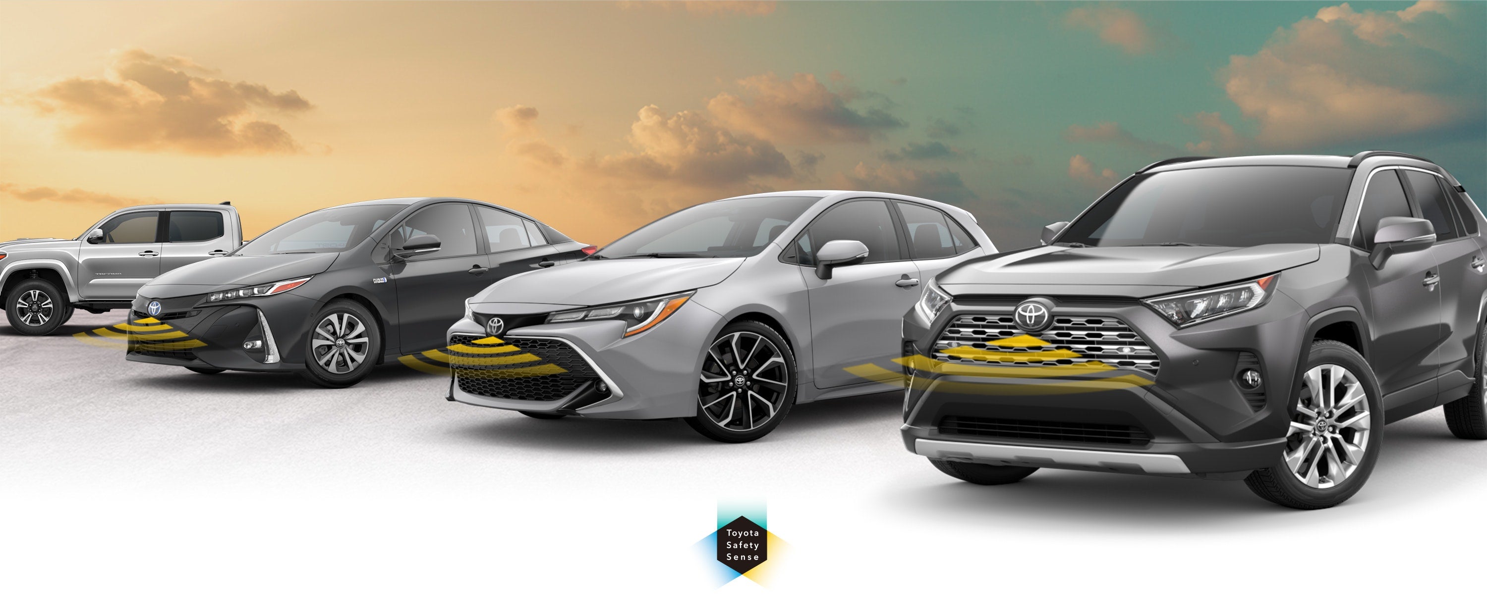 Toyota Safety Sense: Designed for Safety. Options shown on Toyota models including RAV4, Tacoma, and Camry, available now at Koons Arlington Toyota in Arlington VA.